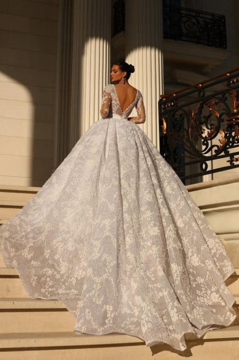 V-Neck Long Sleeves Lace Satin Ball Gown Wedding Dress with Applique - wedding dress