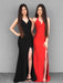 V Neck Mermaid Black/Red Long Prom Dresses with Side Slit, Mermaid Black/Red Bridesmaid Dresses, Graduation Dresses