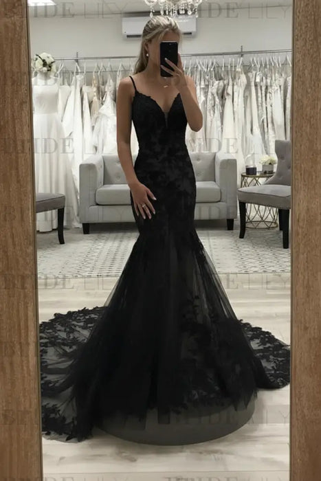 Black V Neck Mermaid Lace Wedding Dresses Sleeveless