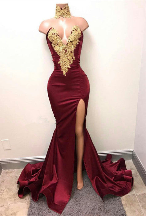 V-Neck Mermaid Prom Dress in Burgundy With Split and Lace Appliques