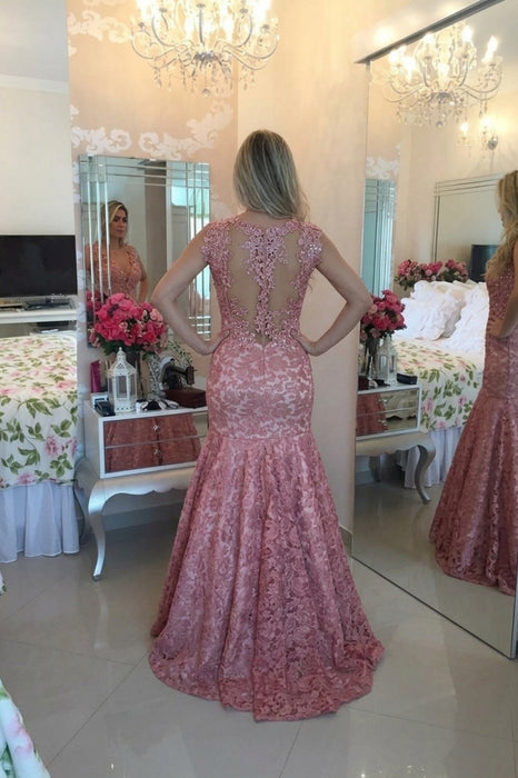V-Neck Mermaid Prom Dress Lace Appliques Evening Gowns with Beadings