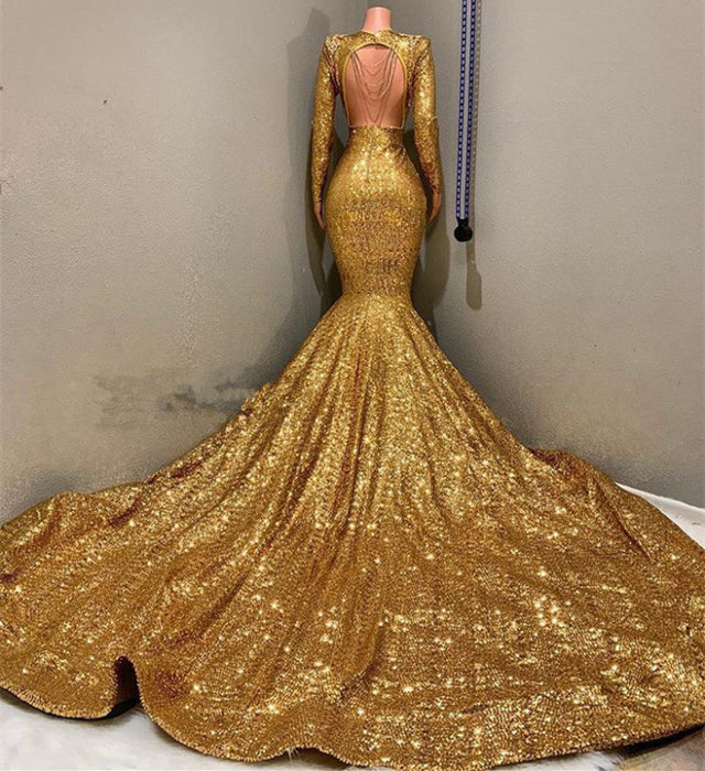 V-Neck Mermaid Prom Dress With Applique - Gold Long Sleeves
