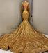 V-Neck Mermaid Prom Dress With Applique - Gold Long Sleeves