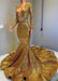 V-Neck Mermaid Prom Dress With Applique - Gold Long Sleeves