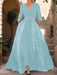Mother of the Bride V-Neck Pantsuit with 3/4 Sleeves and Flower Belt