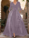 Mother of the Bride V-Neck Pantsuit with 3/4 Sleeves and Flower Belt