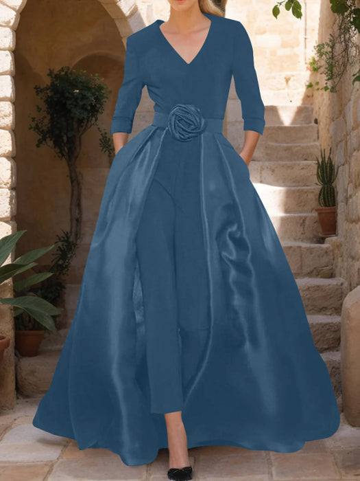 Mother of the Bride V-Neck Pantsuit with 3/4 Sleeves and Flower Belt