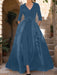 Mother of the Bride V-Neck Pantsuit with 3/4 Sleeves and Flower Belt