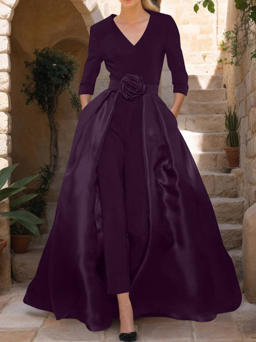 Mother of the Bride V-Neck Pantsuit with 3/4 Sleeves and Flower Belt
