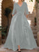 Mother of the Bride V-Neck Pantsuit with 3/4 Sleeves and Flower Belt