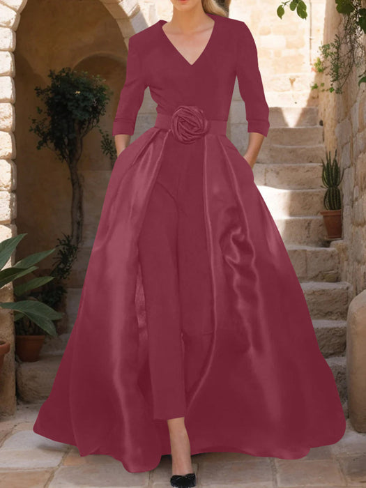 Mother of the Bride V-Neck Pantsuit with 3/4 Sleeves and Flower Belt