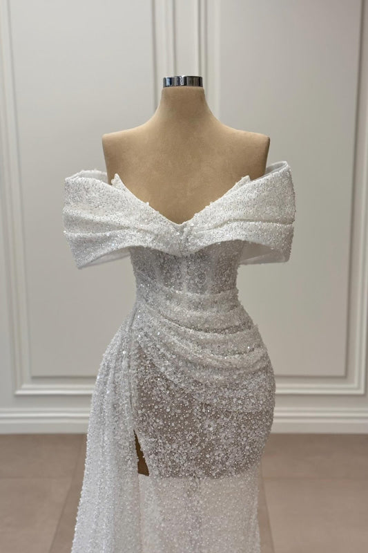 Newest Off-shoulder V-neck Golden Sequins Sexy High Split Bridesmaid Dresses, BD0533