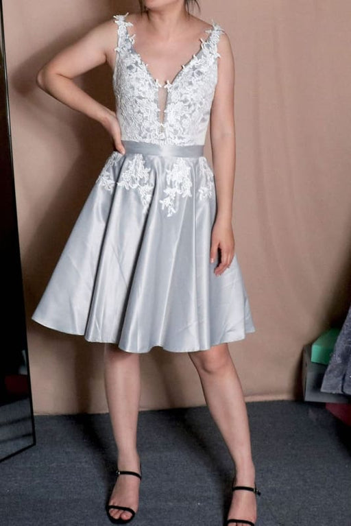 V Neck Open Back Burgundy/Gray Lace Short Prom Homecoming Dresses, Burgundy/Gray Formal Graduation Evening Dresses 