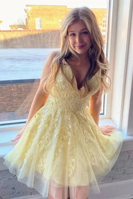 V Neck Open Back Pink/Yellow/Purple Lace Prom Dresses, Pink/Yellow/Purple Lace Homecoming Dresses, Short Lace Formal Evening Dresses 