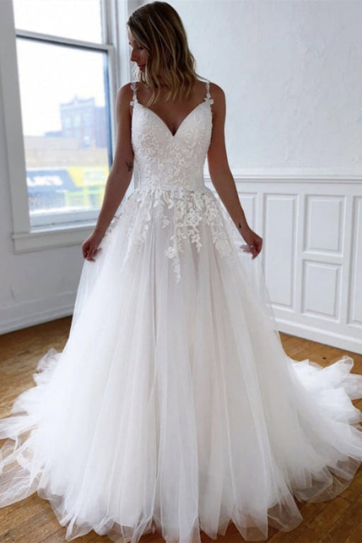 V Neck Open Back White Lace Wedding Dresses Tulle Aline Bridal Dress wedding dress