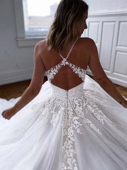 V Neck Open Back White Lace Long Prom Dresses, White Lace Wedding Dresses, White Formal Evening Dresses 
