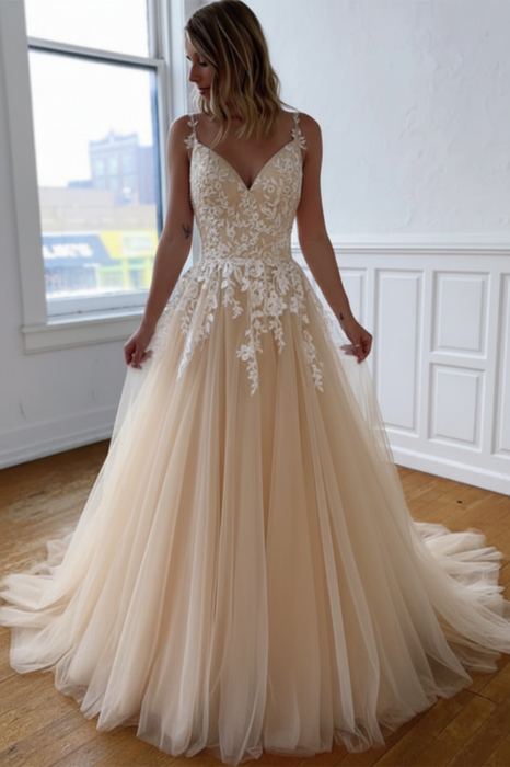 Champagne V Neck Open Back Lace Wedding Dresses Aline