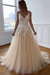 Champagne V Neck Open Back Lace Wedding Dresses Aline