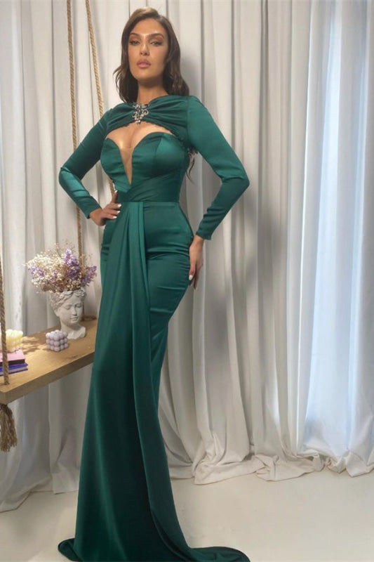V Neck Prom Dress in Emerald Green with Long Sleeves Bridelily V Neck Prom Dress in Emerald Green with Long Sleeves Bridelily