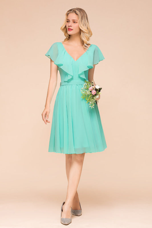 Short Chiffon Bridesmaid Dress with V Neck Flamingo