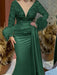 Trumpet/Mermaid V-Neck Satin Mother of the Bride Gown with Feather Glitter and Ruched Long Sleeves
