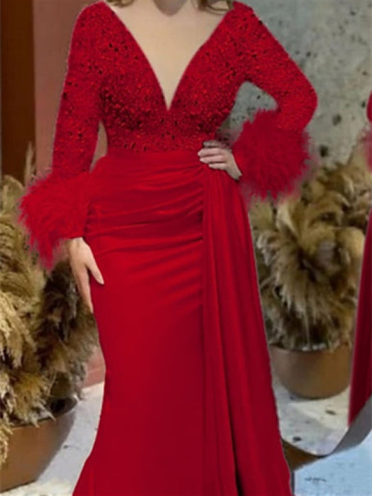 Trumpet/Mermaid V-Neck Satin Mother of the Bride Gown with Feather Glitter and Ruched Long Sleeves