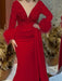 Trumpet/Mermaid V-Neck Satin Mother of the Bride Gown with Feather Glitter and Ruched Long Sleeves