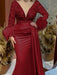 Trumpet/Mermaid V-Neck Satin Mother of the Bride Gown with Feather Glitter and Ruched Long Sleeves