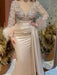 Trumpet/Mermaid V-Neck Satin Mother of the Bride Gown with Feather Glitter and Ruched Long Sleeves