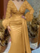 Trumpet/Mermaid V-Neck Satin Mother of the Bride Gown with Feather Glitter and Ruched Long Sleeves