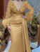 Trumpet/Mermaid V-Neck Satin Mother of the Bride Gown with Feather Glitter and Ruched Long Sleeves