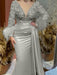 Trumpet/Mermaid V-Neck Satin Mother of the Bride Gown with Feather Glitter and Ruched Long Sleeves