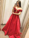 V Neck Satin Off the Shoulder Long Red Prom Dresses, Off Shoulder Red Formal Dresses, Red Evening Dresses