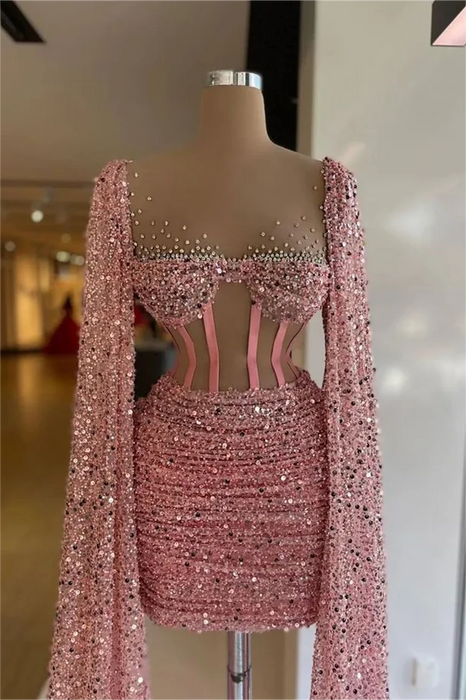 Charming Sequined Pleated Sheath Homecoming Dress Short with Long Sleeves Dusty Pink