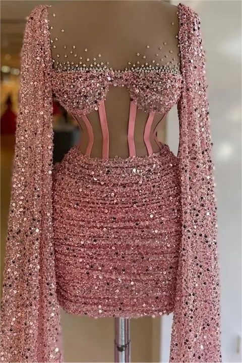 Charming Sequined Pleated Sheath Homecoming Dress Short with Long Sleeves Dusty Pink