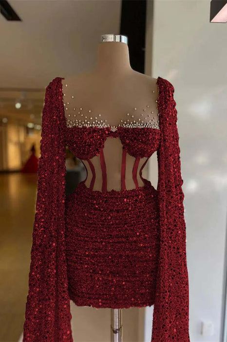 Charming Sequined Pleated Sheath Homecoming Dress Short with Long Sleeves Burgundy