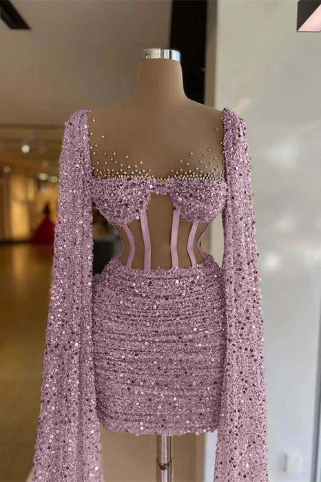 Charming Sequined Pleated Sheath Homecoming Dress Short with Long Sleeves Dusty Pink