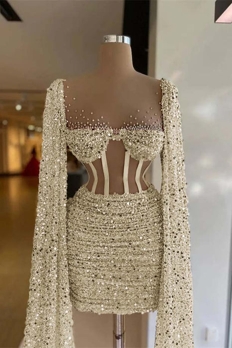 Charming Sequined Pleated Sheath Homecoming Dress Short with Long Sleeves Light Yellow