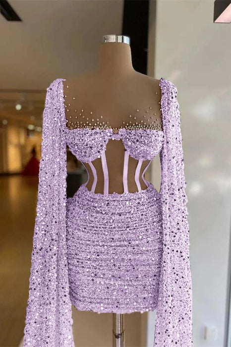 Charming Sequined Pleated Sheath Homecoming Dress Short with Long Sleeves Lilac