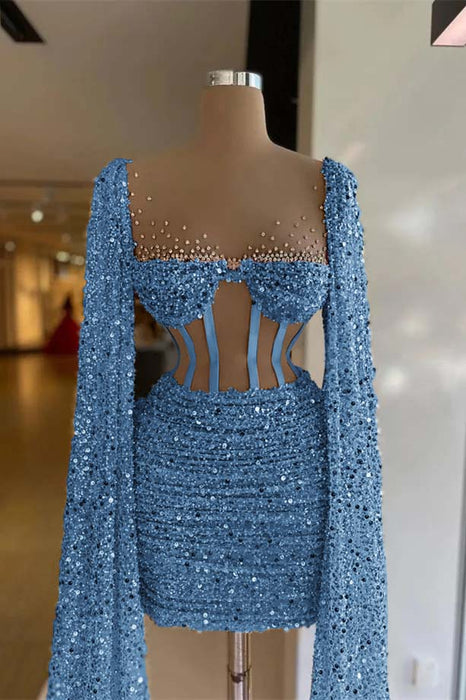 Charming Sequined Pleated Sheath Homecoming Dress Short with Long Sleeves Ocean Blue