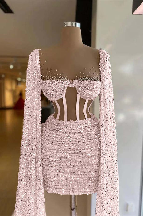 Charming Sequined Pleated Sheath Homecoming Dress Short with Long Sleeves Pink