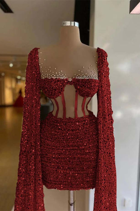 Charming Sequined Pleated Sheath Homecoming Dress Short with Long Sleeves Red