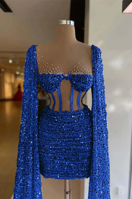 Charming Sequined Pleated Sheath Homecoming Dress Short with Long Sleeves Royal Blue