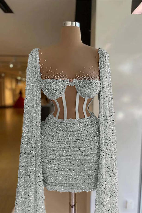 Charming Sequined Pleated Sheath Homecoming Dress Short with Long Sleeves Silver