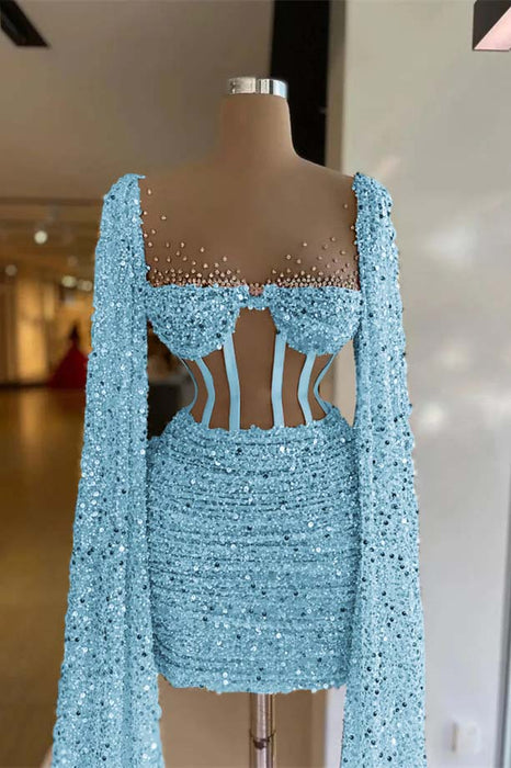 Charming Sequined Pleated Sheath Homecoming Dress Short with Long Sleeves Sky Blue
