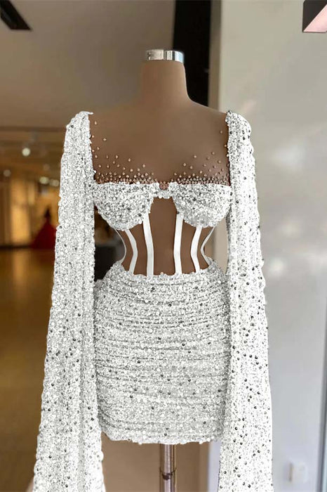 Charming Sequined Pleated Sheath Homecoming Dress Short with Long Sleeves White