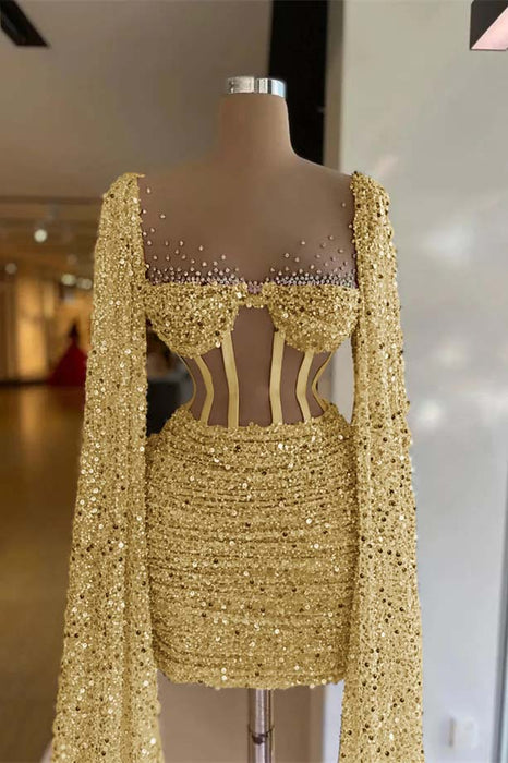 Charming Sequined Pleated Sheath Homecoming Dress Short with Long Sleeves Yellow