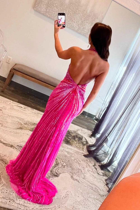 Hot Pink Sequin Prom Dress Deep V-Neck with Side Split-Bridelily
