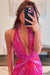 Charming Deep V-Neck Sequin Prom Dress Hot Pink with Side Split