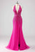 Charming Deep V-Neck Sequin Prom Dress Hot Pink with Side Split
